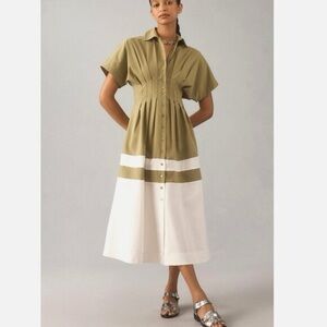 Anthropologie Green and White Midi Dress